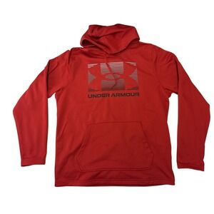 Under Armour Mens Red Graphic Logo Fleece Pullover Hoodie Loose Fit Large